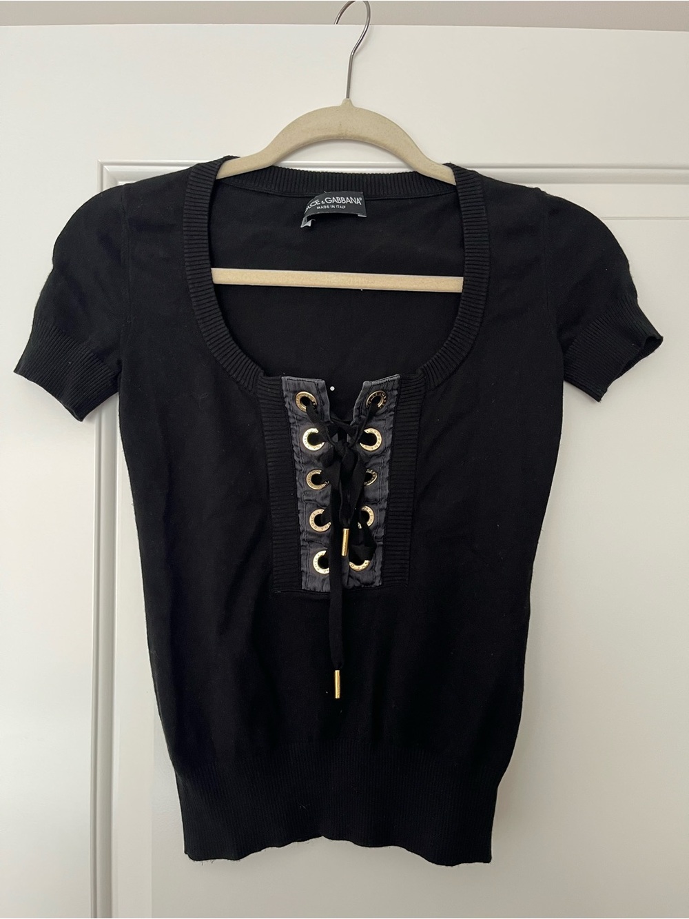 Authentic Vintage Dolce & Gabbana Y2K Black Lace-Up Short Sleeve Knit Top EU 32